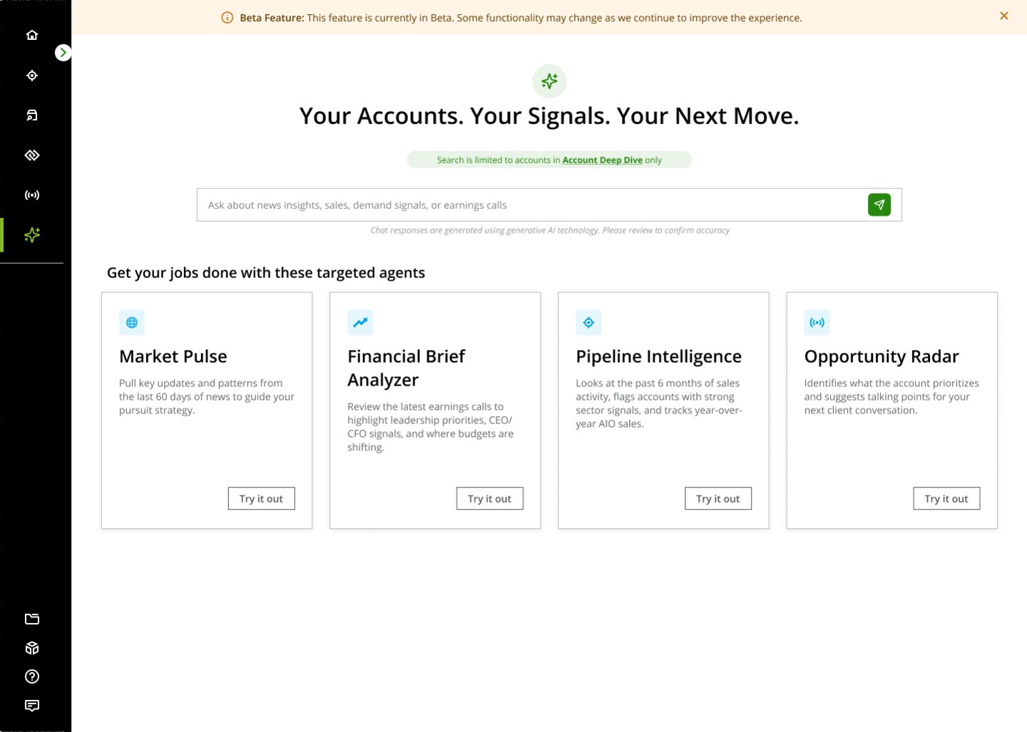 Ask Northstar AI-assist landing screen with a search prompt and targeted agent cards like Market Pulse, Financial Brief Analyzer, Pipeline Intelligence, and Opportunity Radar