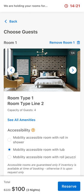 M-Corp mobile guest selection screen showing per-room accessibility options