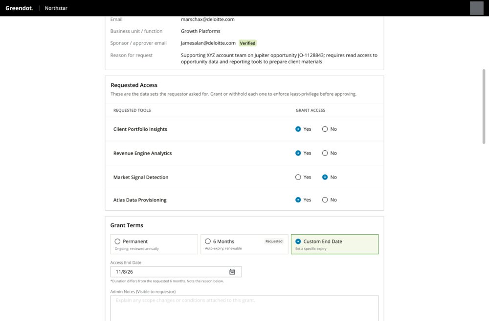 Northstar MCP Control Tower list showing requesters, rate limits, and approval statuses like Active, Suspended, and Revoked