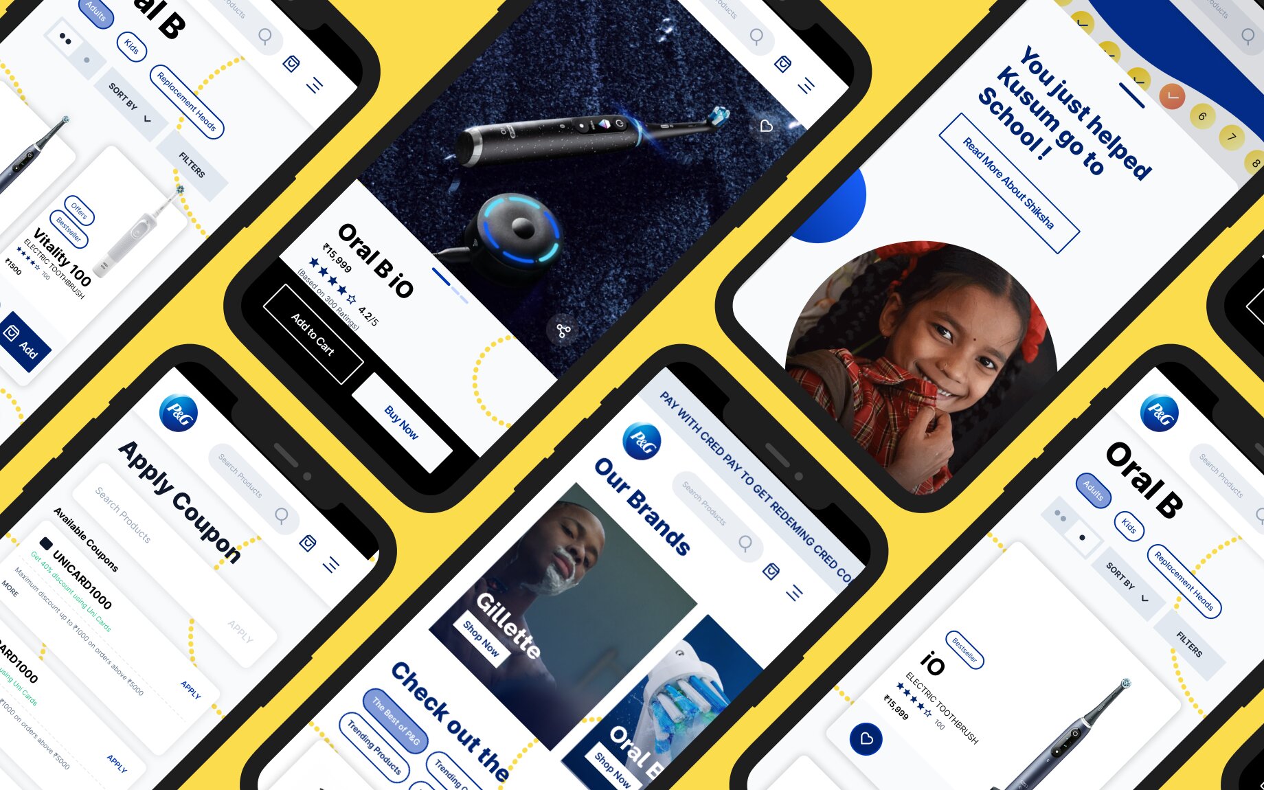Collage of PG Shop mobile screens — Oral B product listing, product detail, brand page, coupon screen, and the Shiksha confirmation reading You just helped Kusum go to School — on a yellow background