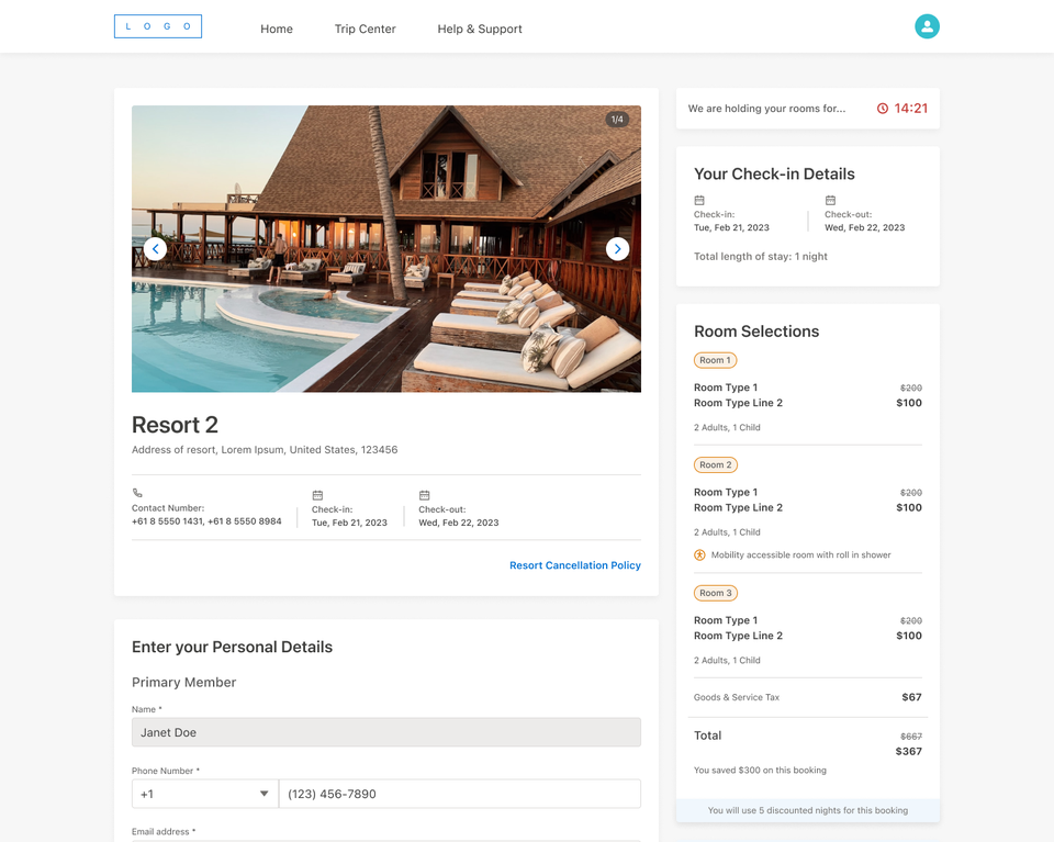 M-Corp desktop booking review screen