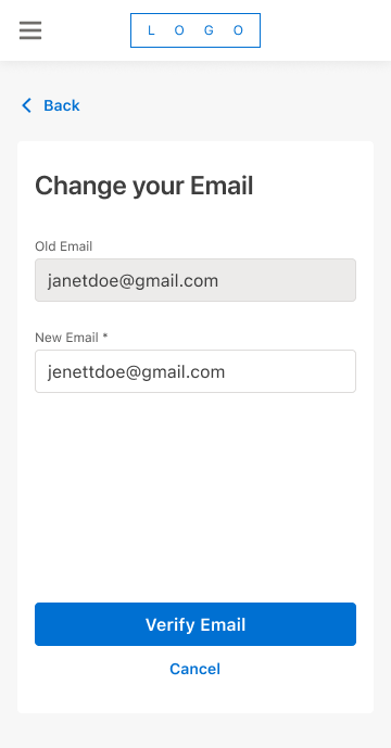 Change your Email form showing the old email, pre-filled and locked, next to an editable new email field
