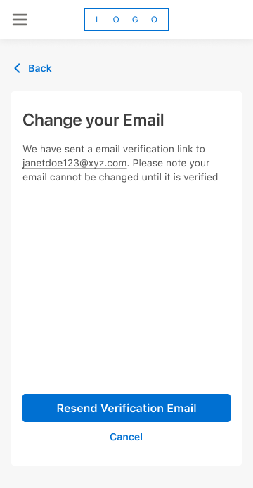 Change your Email confirmation state, reading 'We have sent an email verification link... your email cannot be changed until it is verified,' with a Resend Verification Email button