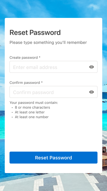 Reset Password screen showing all three password requirements listed together: 8 or more characters, at least one letter, at least one number