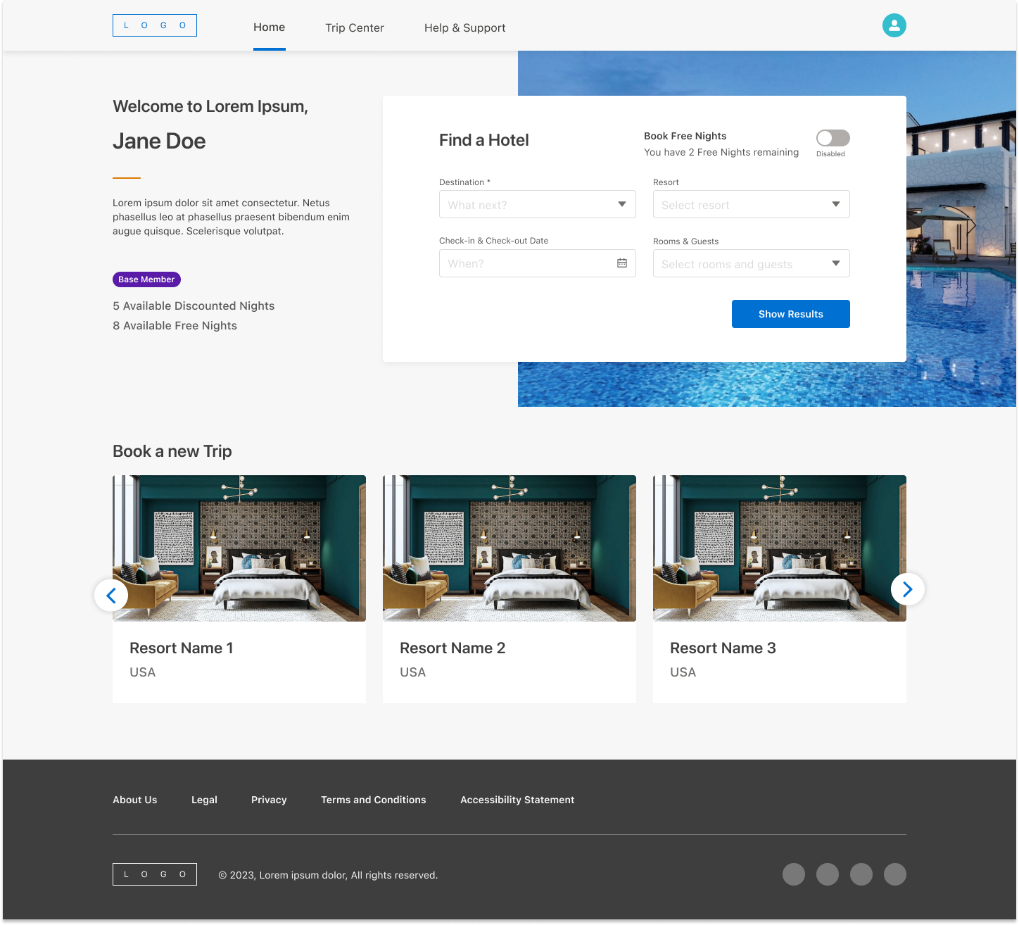 M-Corp authenticated landing page on desktop, showing the Find a Hotel search widget