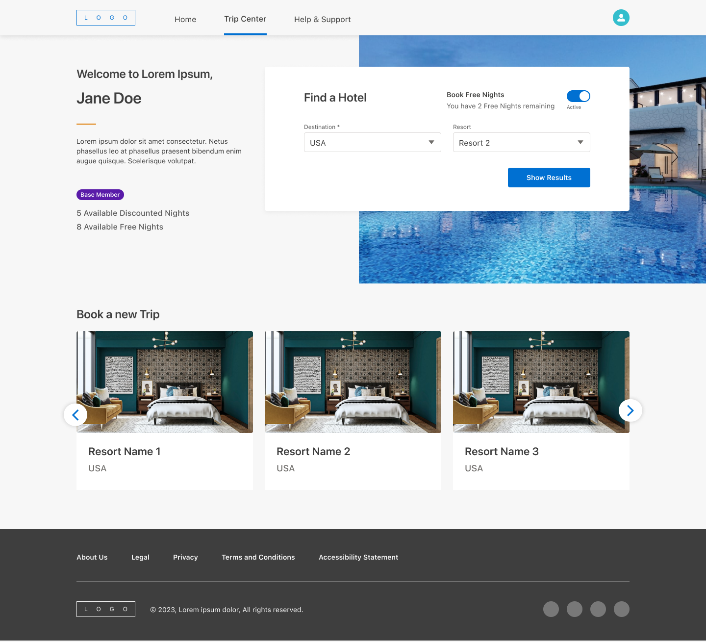 Find a Hotel search widget with Book Free Nights toggled on and active, showing the destination and resort fields for booking with free nights