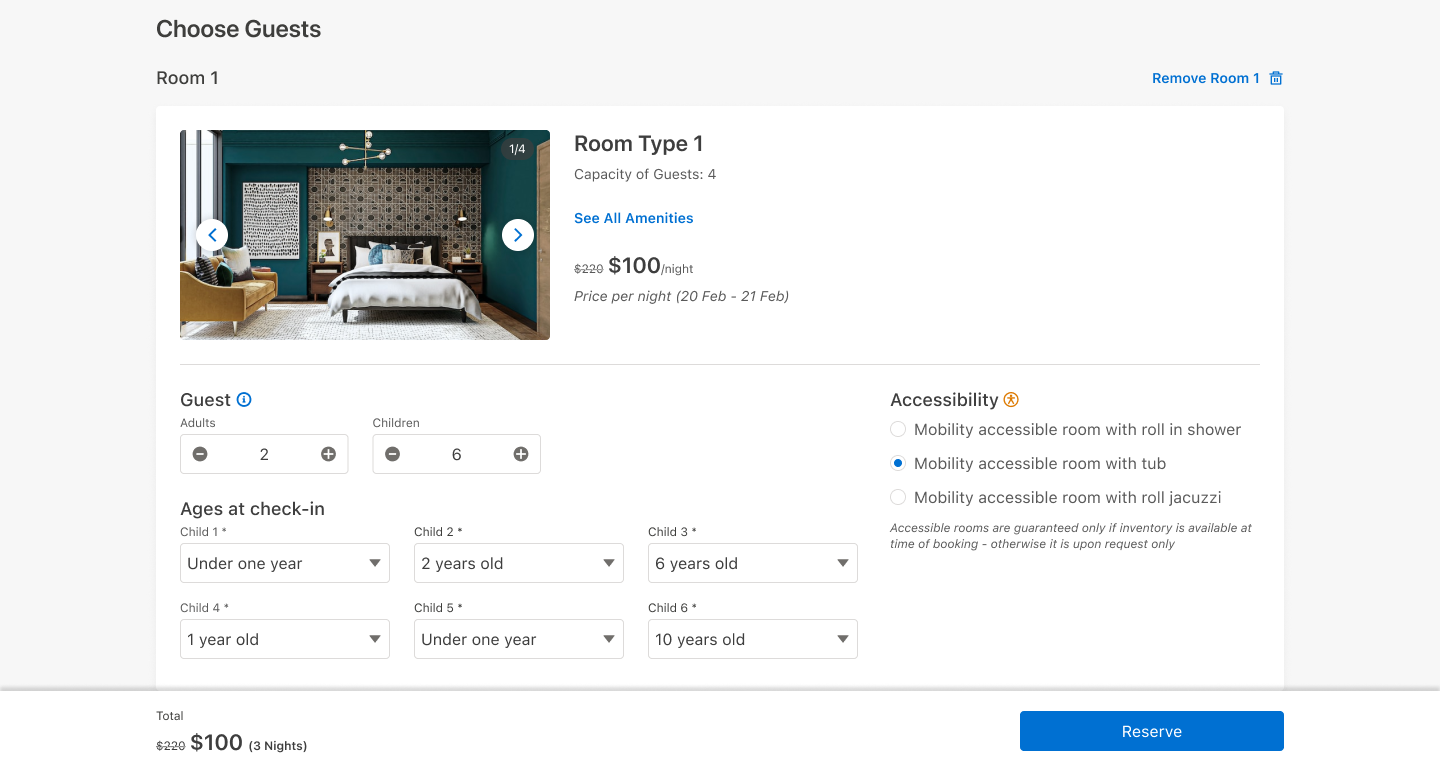 Desktop Choose Guests screen showing per-room accessibility options (roll-in shower, tub, roll-in jacuzzi) alongside adult, children, and children's-age fields