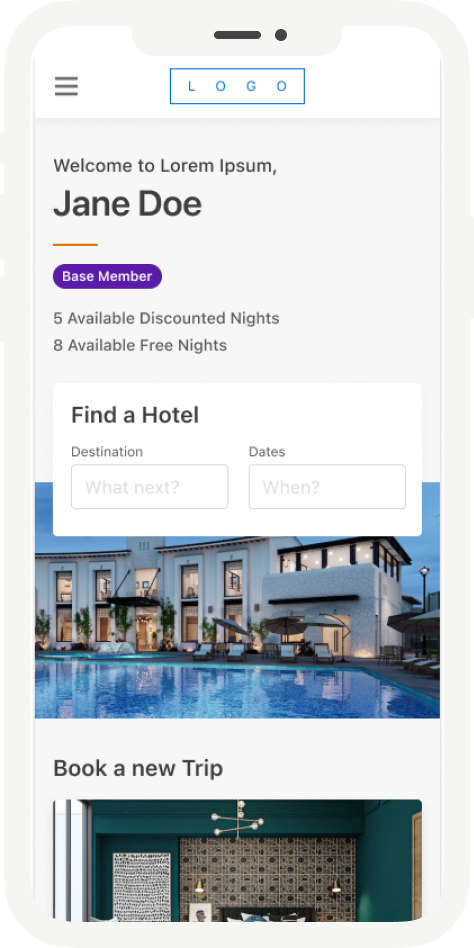 M-Corp authenticated landing page on mobile, showing the Find a Hotel search widget