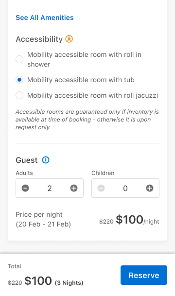 Mobile Choose Guests screen showing the same accessibility options alongside guest counts and price per night