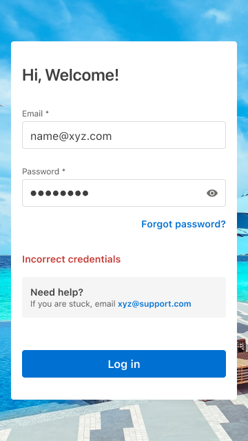 Sign-in screen showing the 'Incorrect credentials' error message, with Forgot Password link and Need Help support prompt both visible