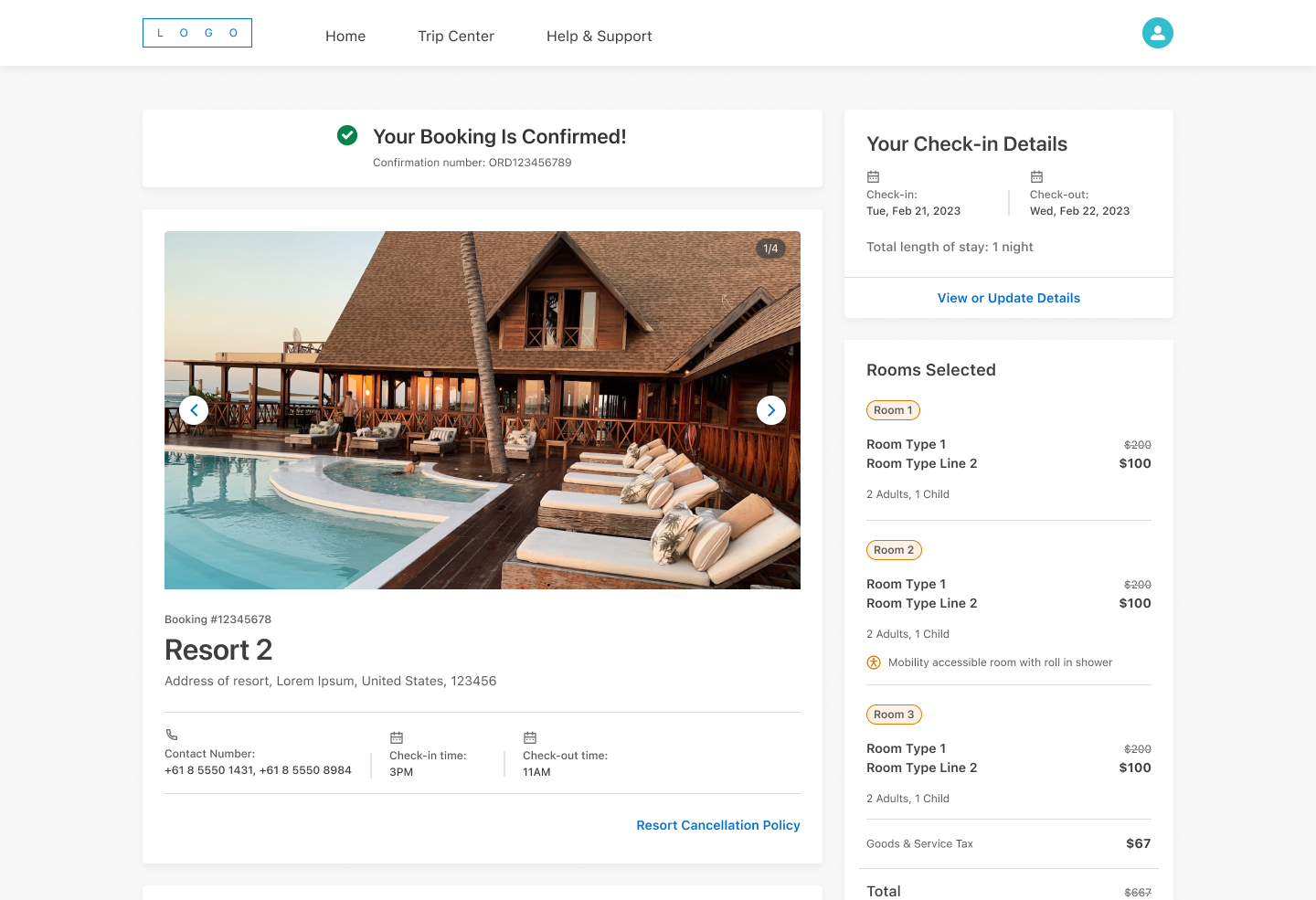 Booking confirmation screen showing the confirmed reservation, resort details, check-in details, rooms selected, and total cost