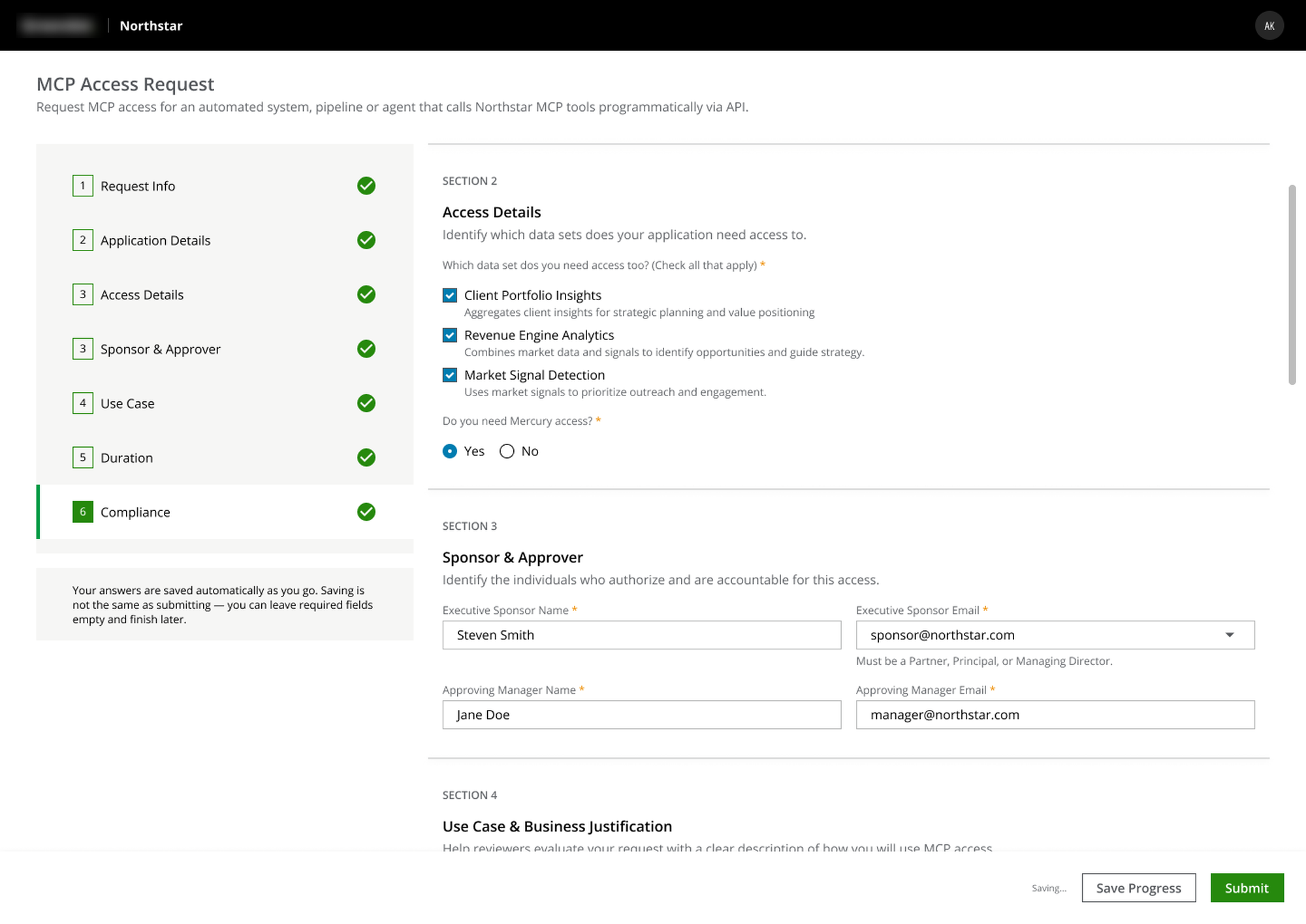 Northstar's MCP Access Request form, showing the left-side section nav with completed steps, the Access Details and Sponsor & Approver sections filled in, and the Save Progress and Submit buttons