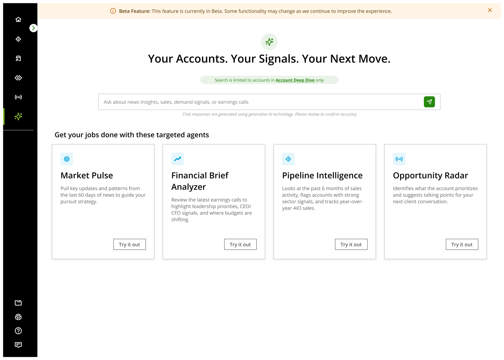 Northstar's Ask Northstar screen, showing the AI search bar and four targeted agent cards: Market Pulse, Financial Brief Analyzer, Pipeline Intelligence, and Opportunity Radar