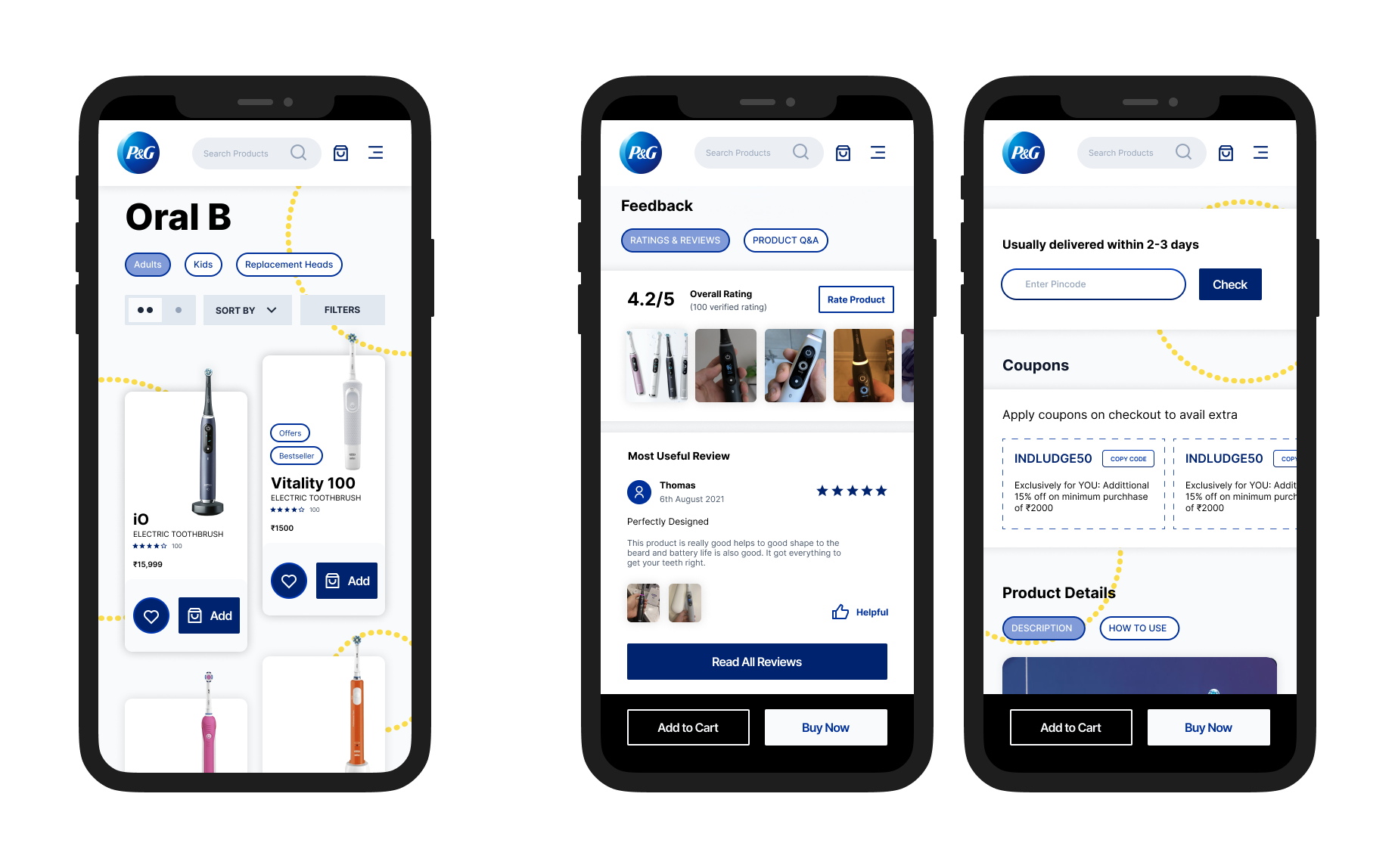 Product discovery listing on the left, followed by the product details page scrolled to reviews/feedback and the delivery-check screen
