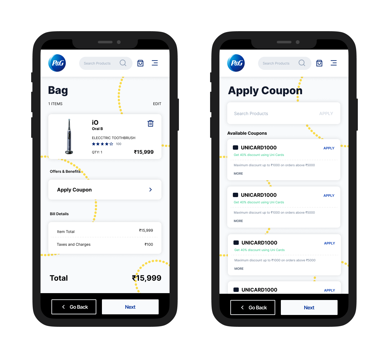 Cart with Apply Coupon link in Bill Details, next to the standalone Apply Coupon screen