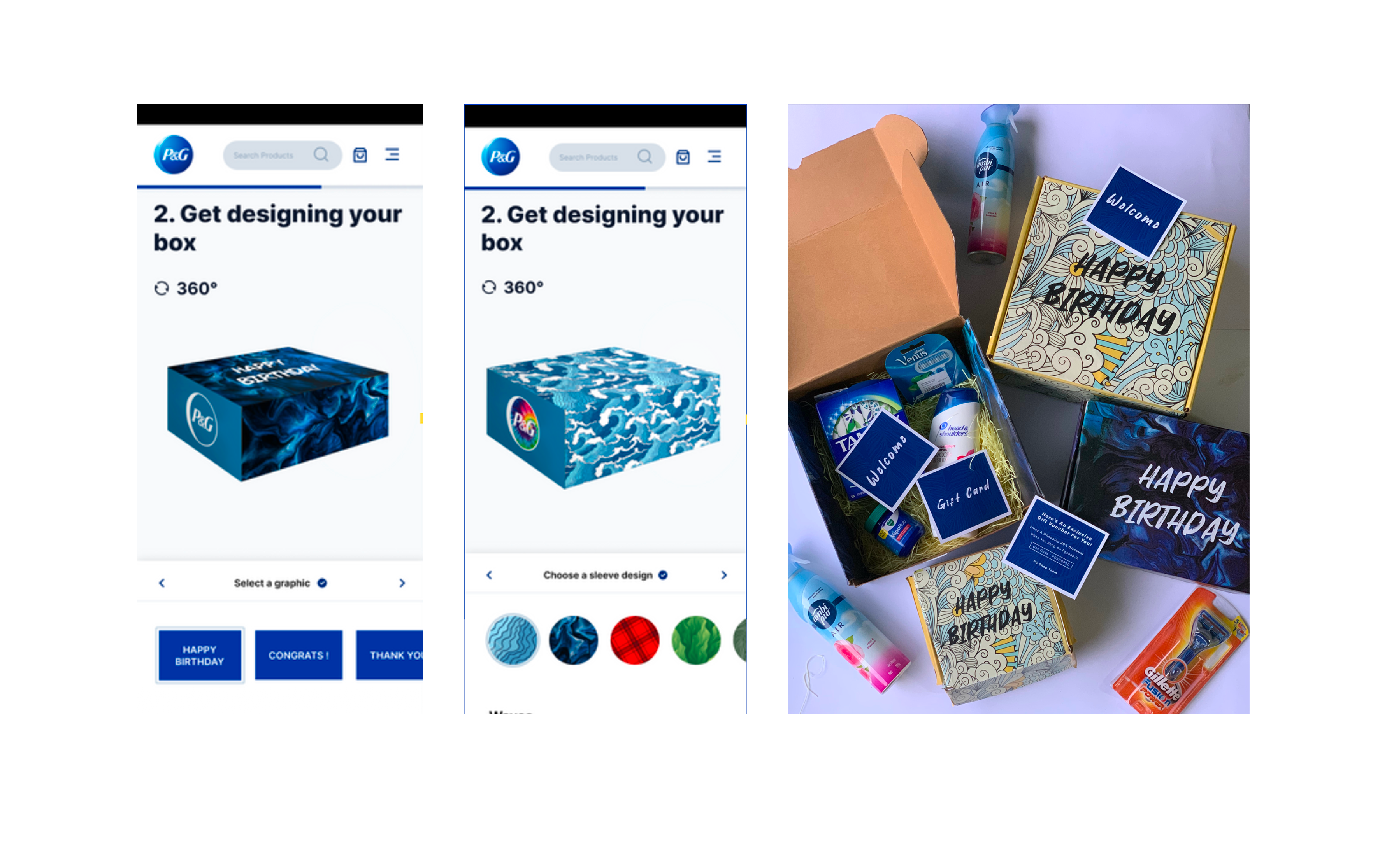 Custom Bundles design step screens next to the physical box mockup