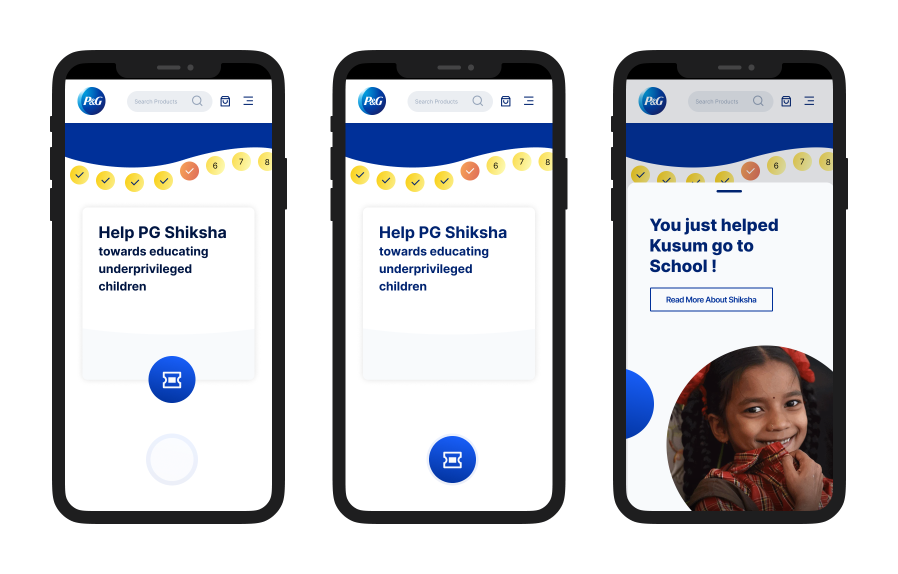 The Shiksha drag-and-drop confirmation resolving into You just helped Kusum go to School