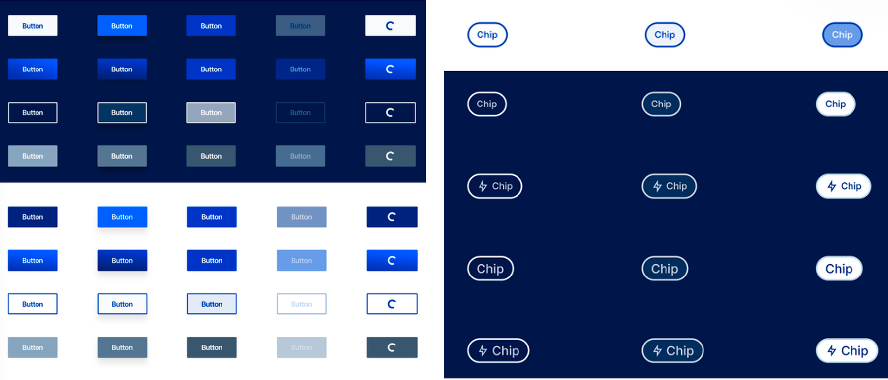 Button and chip component sets across light and dark states
