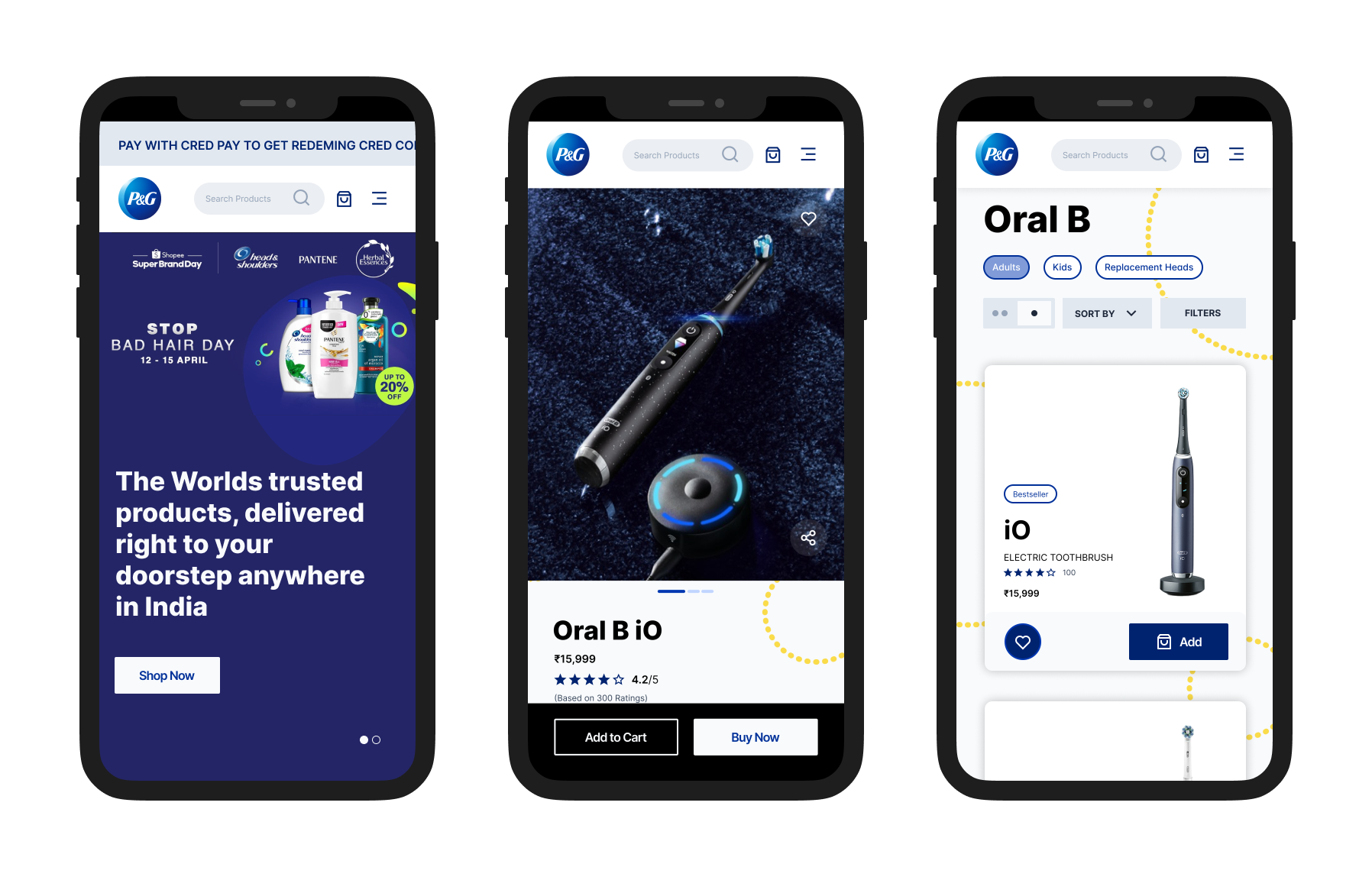 Homepage, product page, and category listing screens from PG Shop 4.0